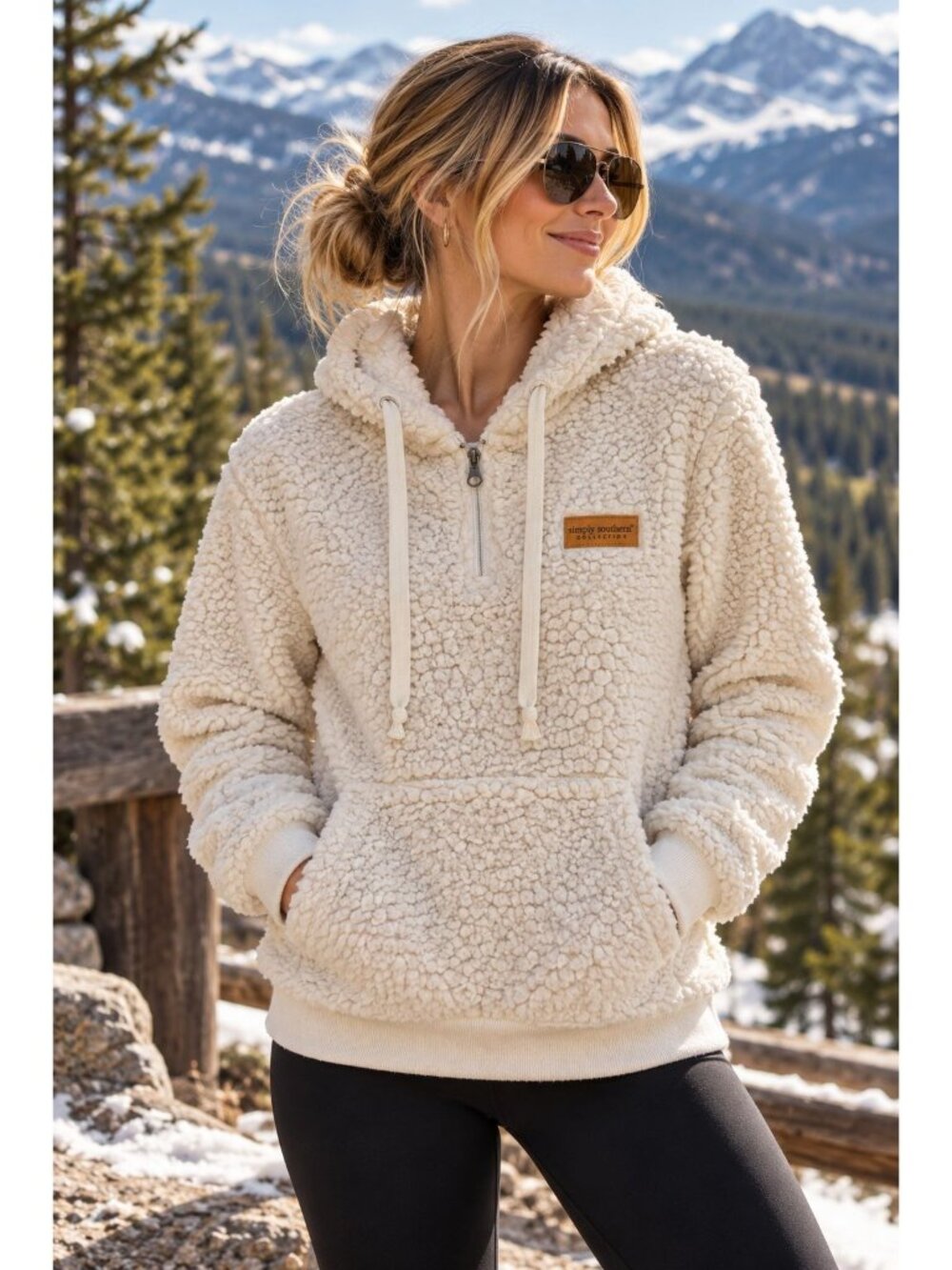 Simply Southern Womens White Sherpa Pullover Hoodie With Kangaroo Pocket Size Sm